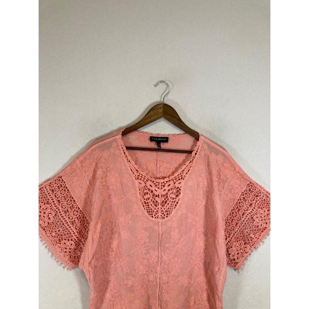 Boho Lane Bryant Womens 18/20 Coral Peach Embroidered Crochet Tie Front Blouse - Picture 7 of 10
